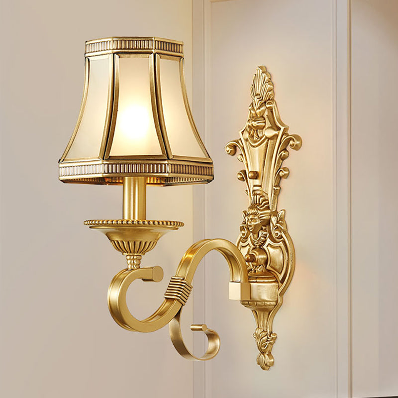 Brass Cone Wall Lamp Traditionalist Metal 1/2 Lights Bedroom Wall Mount Lighting with Beveled Glass Panel