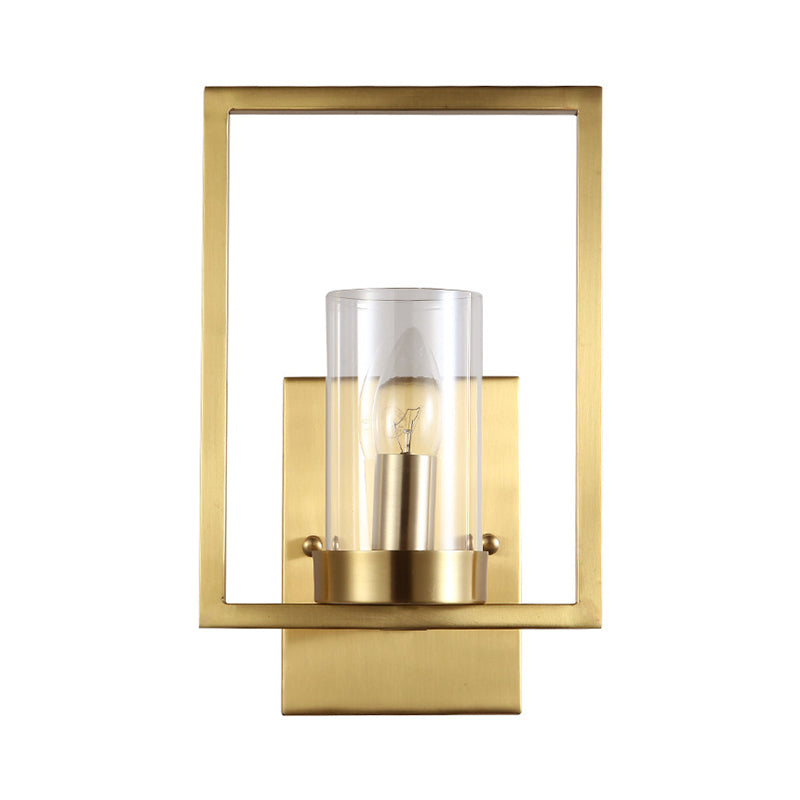 Cylindrical Bedroom Wall Sconce Clear Glass 1 Bulb Contemporary Wall Light Fixture in Brass with Frame