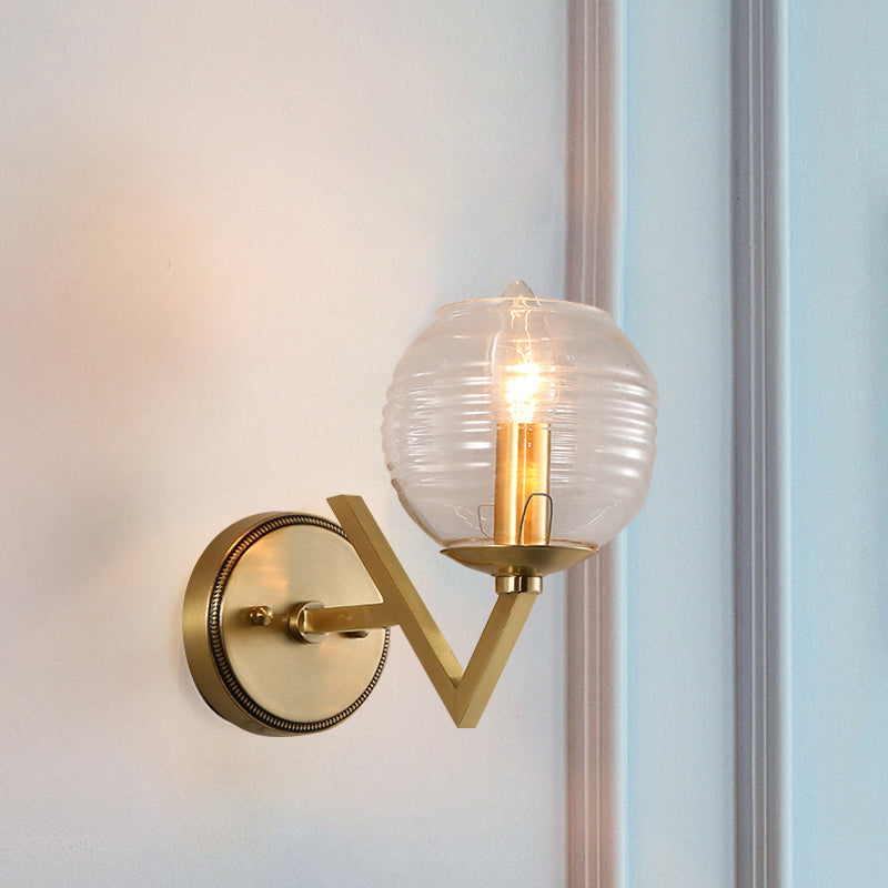 Simple 1/2 Lights Wall Mount Lamp Brass Ball Shape Sconce Light with Ribbed Glass Shade