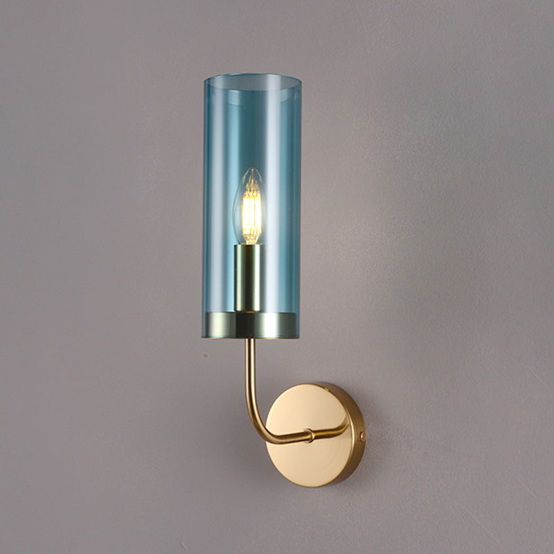 1/2-Light Living Room Wall Mount Lamp Retro Brass Sconce Light Fixture with Champagne/Light Blue Cylindrical Glass Shade