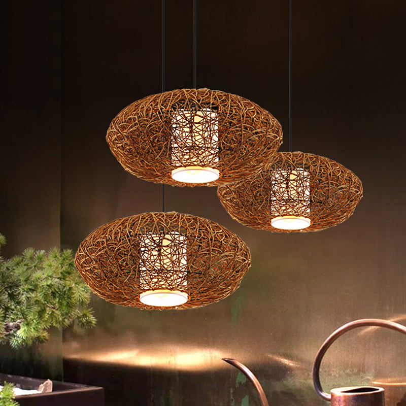 Colgante de suspensión tejida ratán retro 1 bulbo marrón kit de luz colgante para salón
