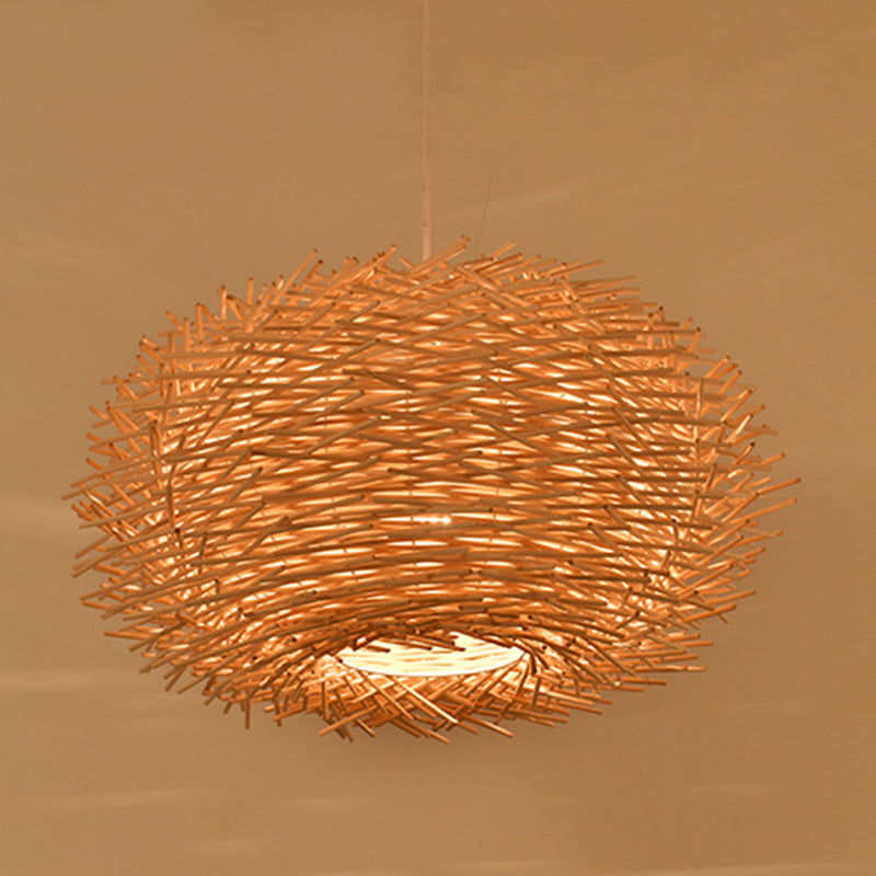 Bird's Nest Shaped Creative Hanging Light Asian Style Simplicity Bamboo Weaving Lighting Fixture with 39.3" Suspended Wire
