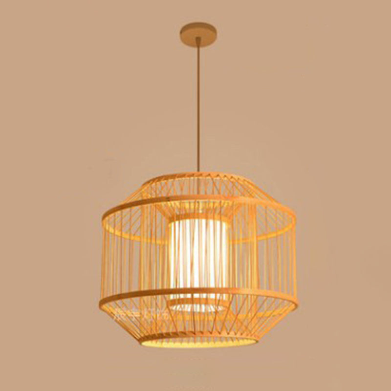 Birdcage Bamboo Weaving Lighting Pendant Japanese Style Parchment Shade 1-Light Suspended Lamp
