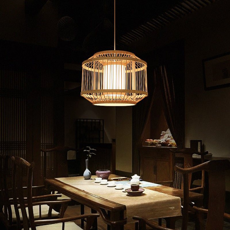 Birdcage Bamboo Weaving Lighting Pendant Japanese Style Parchment Shade 1-Light Suspended Lamp