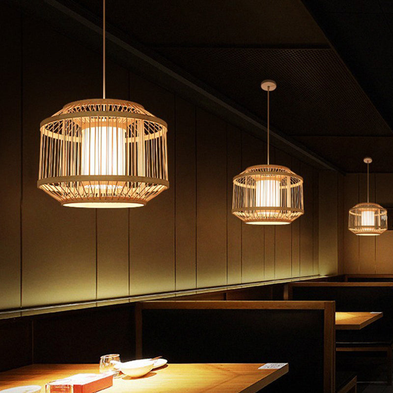 Birdcage Bamboo Weaving Lighting Pendant Japanese Style Parchment Shade 1-Light Suspended Lamp
