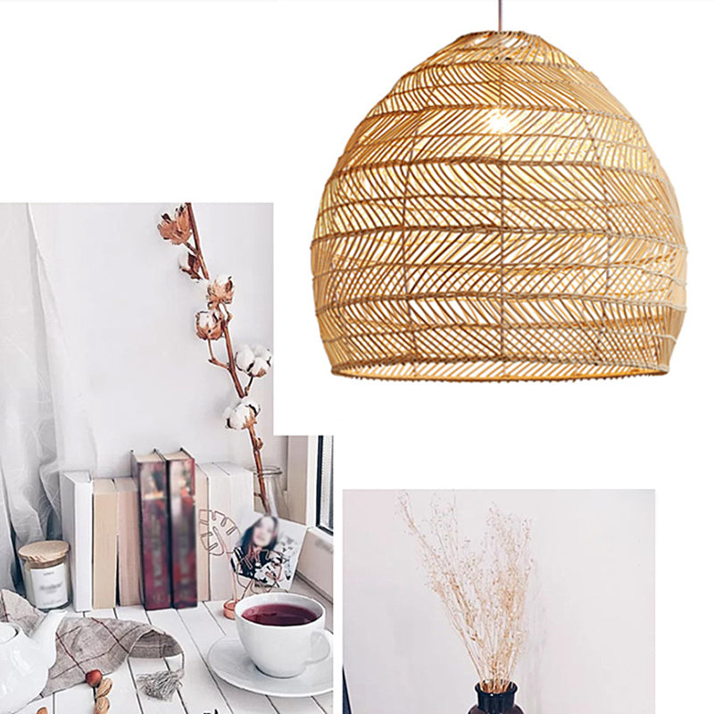 Bell Shaped Rattan Weaving Hanging Light Contemporary Style 1-Light Suspended Lamp in Beige for Dining Room