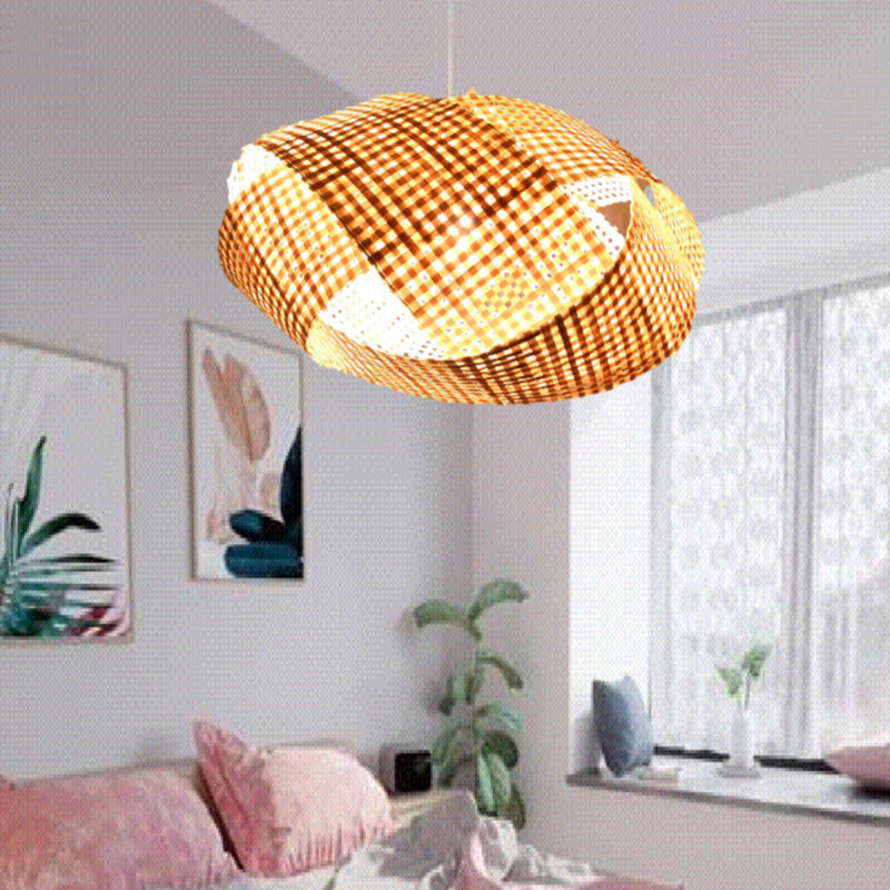 Coffee Shop Drum Hanging Light Bamboo Weaving Antique Style Single Light Pendant Light in Beige