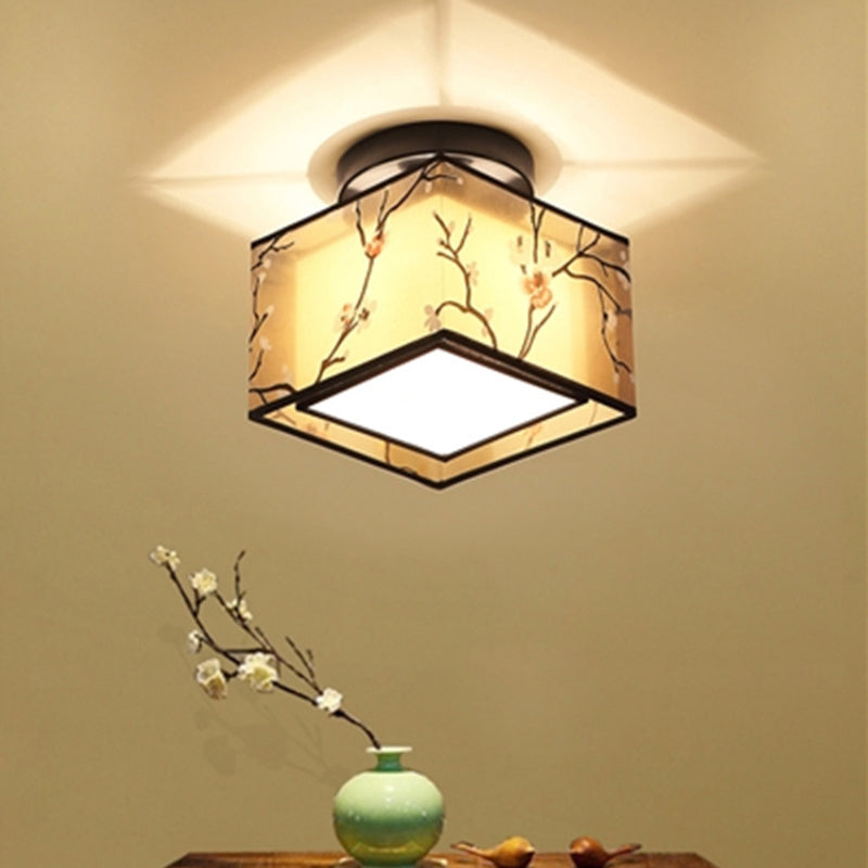 Black 1 Light Ceiling Lighting Chinese Style Fabric Design Semi Flush Mount Lighting for Living Room