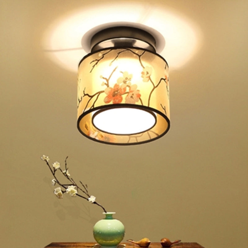 Black 1 Light Ceiling Lighting Chinese Style Fabric Design Semi Flush Mount Lighting for Living Room