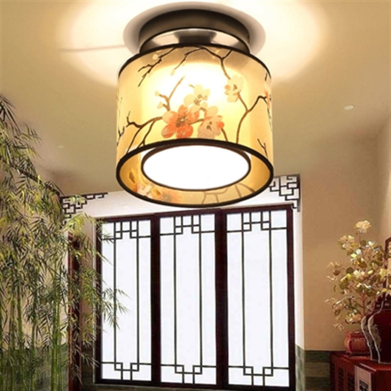 Black 1 Light Ceiling Lighting Chinese Style Fabric Design Semi Flush Mount Lighting for Living Room