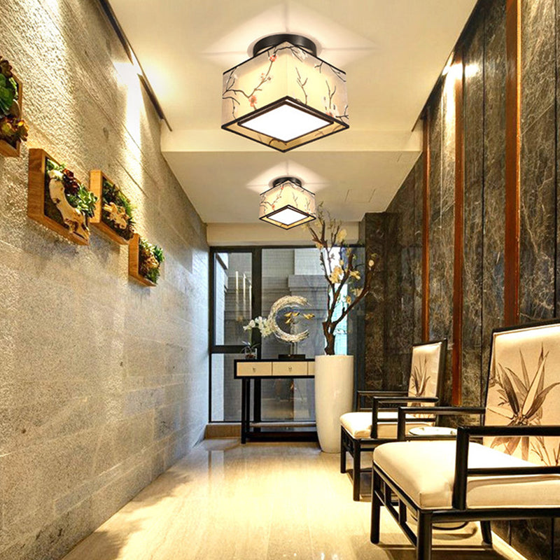 Black 1 Light Ceiling Lighting Chinese Style Fabric Design Semi Flush Mount Lighting for Living Room