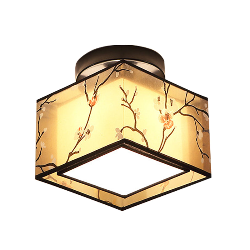 Black 1 Light Ceiling Lighting Chinese Style Fabric Design Semi Flush Mount Lighting for Living Room