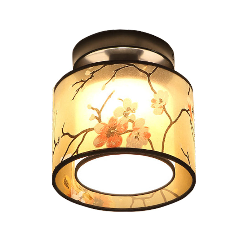 Black 1 Light Ceiling Lighting Chinese Style Fabric Design Semi Flush Mount Lighting for Living Room