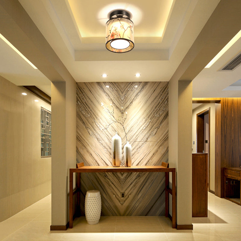 Black 1 Light Ceiling Lighting Chinese Style Fabric Design Semi Flush Mount Lighting for Living Room