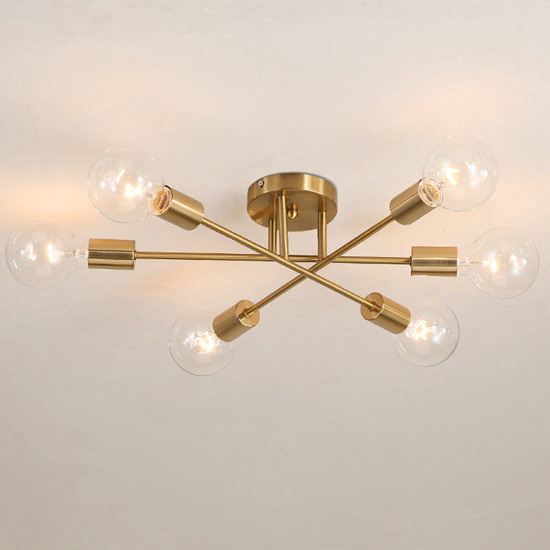 27.5 Inches Wide Bare Bulb Ceiling Lighting Fixture 6-Lights Industrial Style Simplicity Metal Semi Flush Mount Lamp