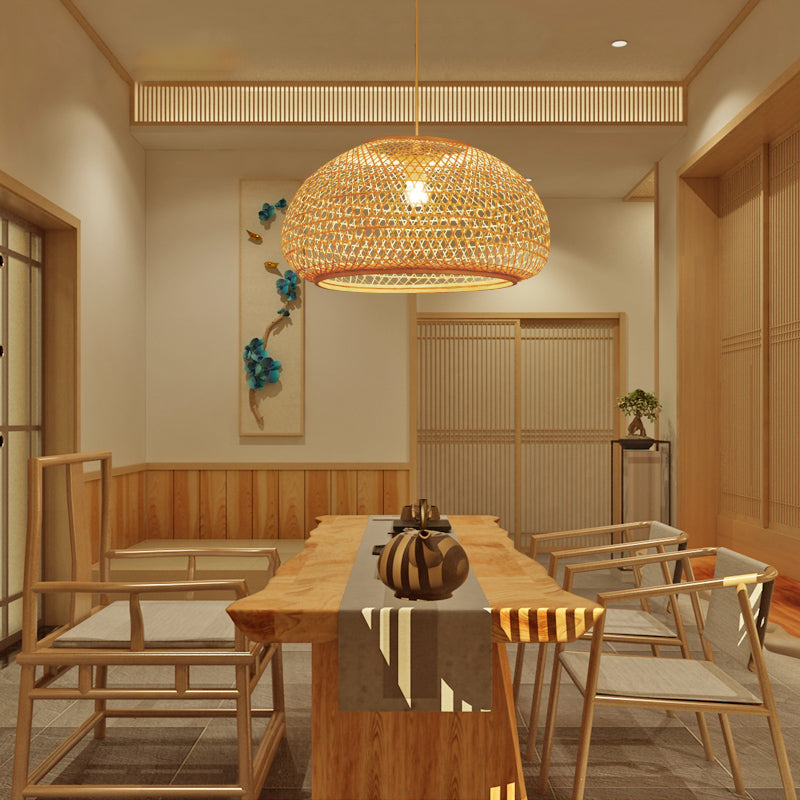 Handcrafted Suspension Pendant Contemporary Bamboo 1 Bulb Wood Hanging Light Kit, 16"/23.5" Wide