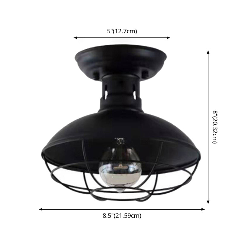 Wire Cage Ceiling Mounted Fixture Retro Style Black Metal Semi Flush Mount Light