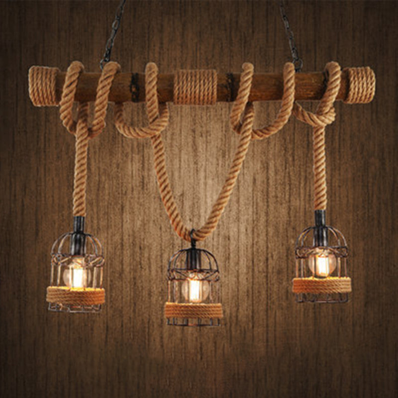 Rope Cage Shade Island Light Fixture Retro Style Restaurant Chandelier Light Fixture in Beige