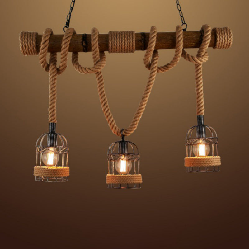 Rope Cage Shade Island Light Fixture Retro Style Restaurant Chandelier Light Fixture in Beige