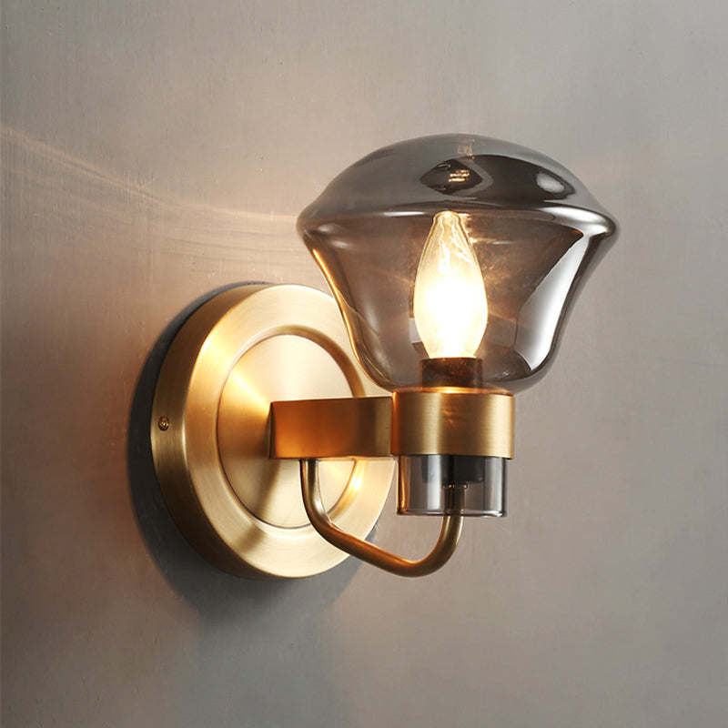 Bell Wall Sconce Retro Style Smoke Gray/Amber Glass 1 Bulb Brass Wall Mounted Light Fixture