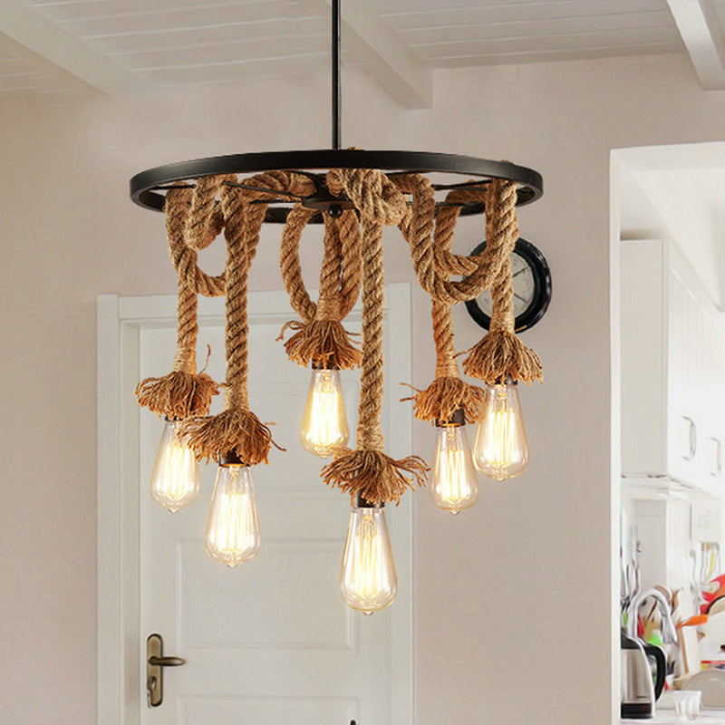 Lámpara de araña colgante negro de estilo retro de la rueda de la cuerda del lámpara de iluminación de la lámpara
