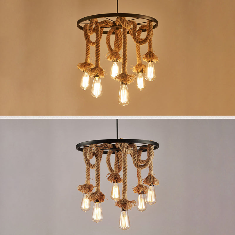 Lámpara de araña colgante negro de estilo retro de la rueda de la cuerda del lámpara de iluminación de la lámpara