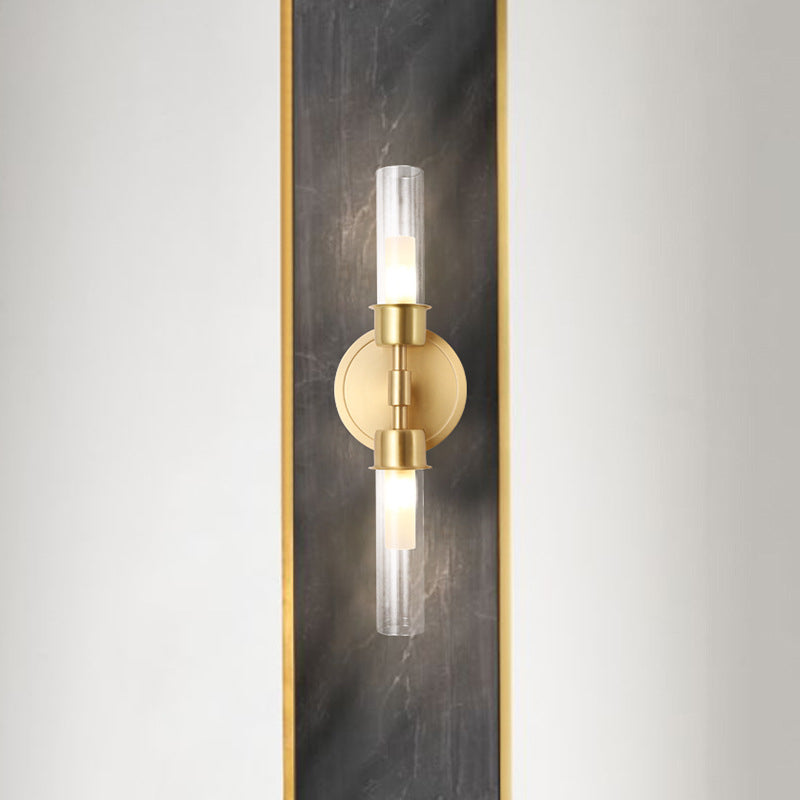 Modern Double Cylinder Wall Mount Light Clear Glass 2 Lights Brass Finish Wall Sconce