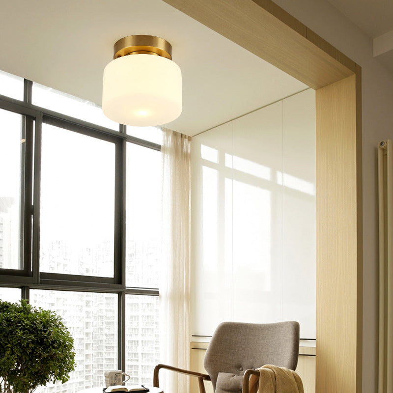 Lámpara de techo cilíndrica de cristal de estilo tradicional, placa de techo de latón, accesorio de iluminación mini para dormitorio de 1 luz
