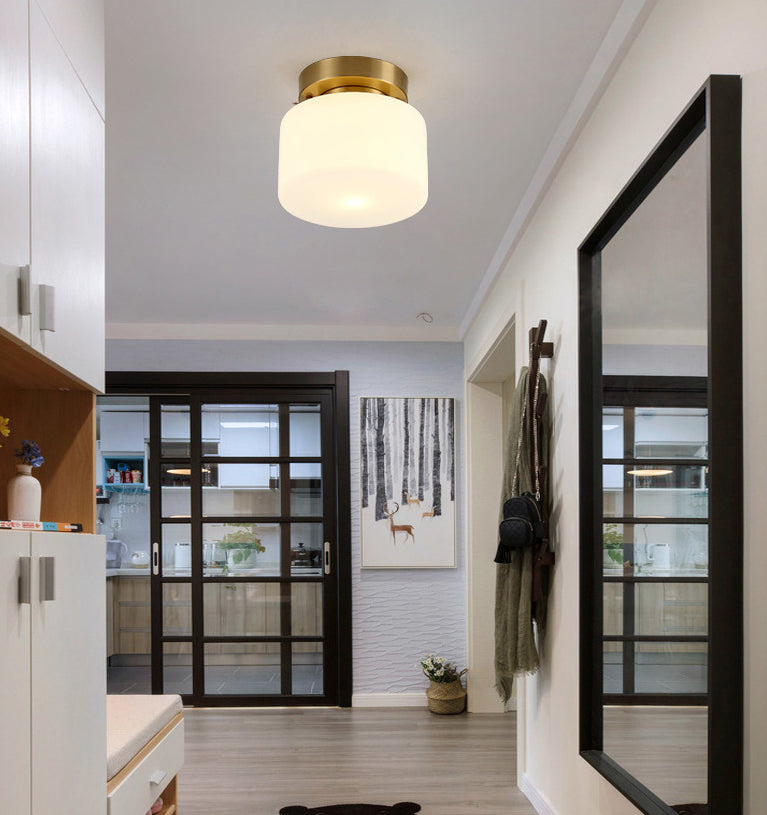 Lámpara de techo cilíndrica de cristal de estilo tradicional, placa de techo de latón, accesorio de iluminación mini para dormitorio de 1 luz