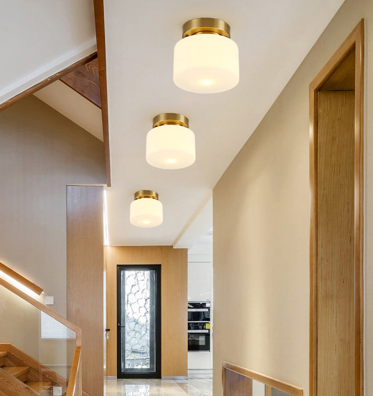 Lámpara de techo cilíndrica de cristal de estilo tradicional, placa de techo de latón, accesorio de iluminación mini para dormitorio de 1 luz