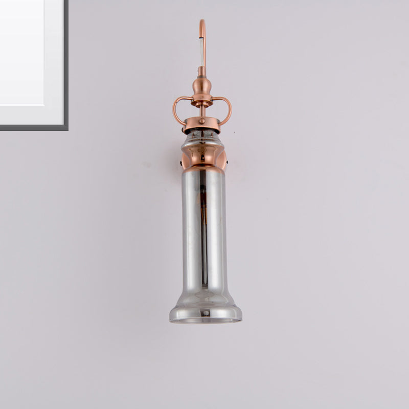 Smoke Gray/Amber Glass Tube Wall Sconce Contemporary 2-Light Copper Finish Wall Lamp with Gooseneck Arm
