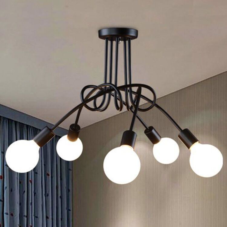 Exposed Living Room Ceiling Mounted Light Industrial Metal Black Semi Flush Ceiling Light Fixture