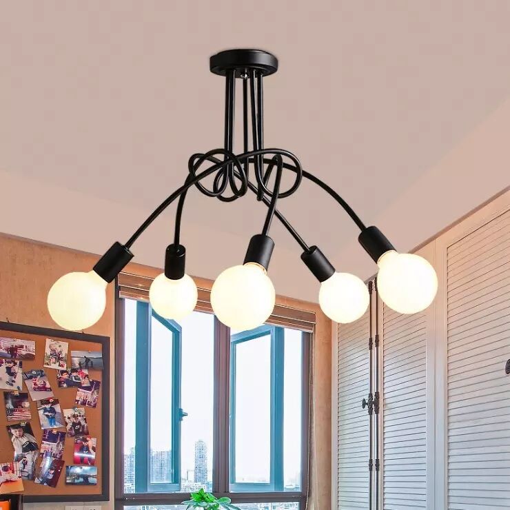 Exposed Living Room Ceiling Mounted Light Industrial Metal Black Semi Flush Ceiling Light Fixture