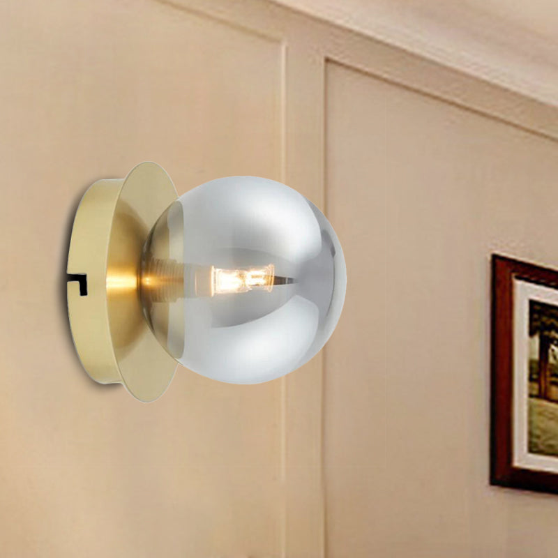 Single Bedroom Wall Sconce Light Simplicity Golden Wall Light Fixture with Smoke Grey Sphere Glass Shade