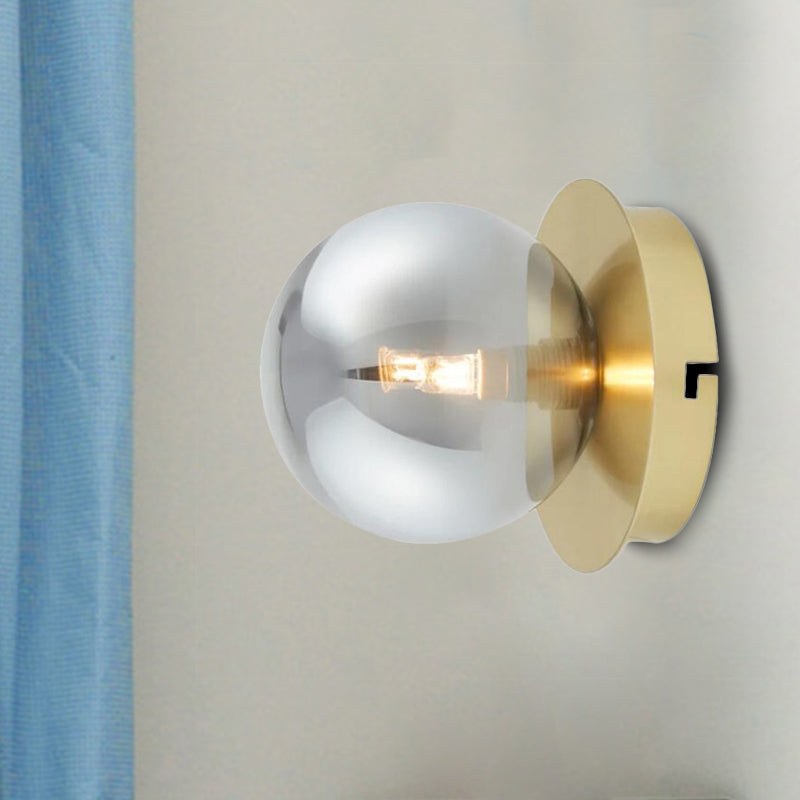 Single Bedroom Wall Sconce Light Simplicity Golden Wall Light Fixture with Smoke Grey Sphere Glass Shade