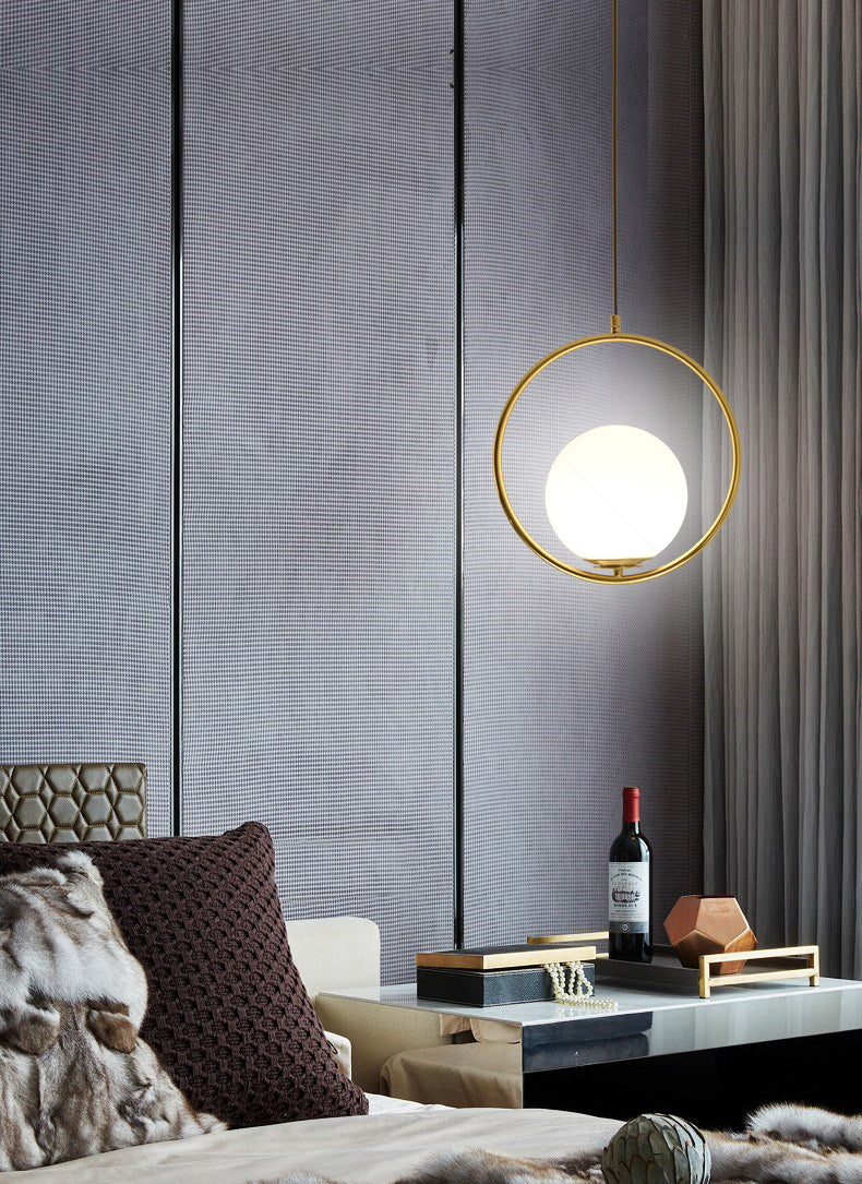 13.7 Inches Wide Golden Ring Hanging Lamp Globe Glass Shade Post-modern Style Hanging Light
