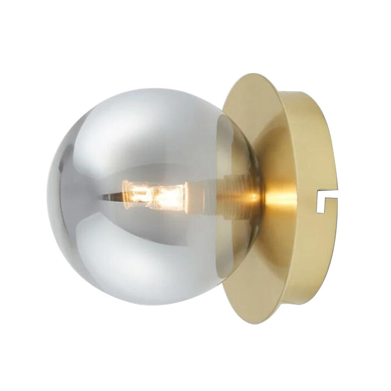 Single Bedroom Wall Sconce Light Simplicity Golden Wall Light Fixture with Smoke Grey Sphere Glass Shade