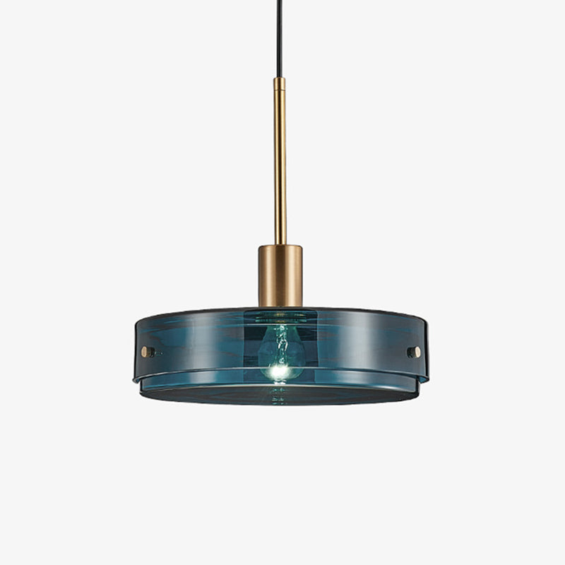 Dunkelblau zylindrische Glasfederung heller minimalistischer einzelner Glühbirnen hängend hängendes Licht