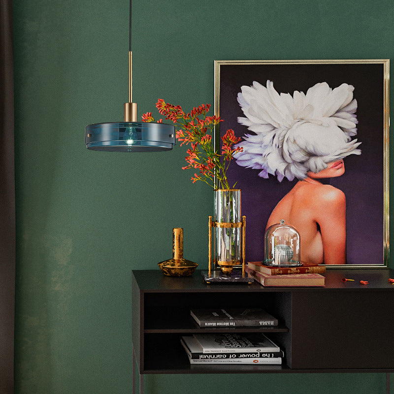 Dark Blue Cylindrical Glass Suspension Light Post-modern Style Minimalism Single Bulb Hanging Light