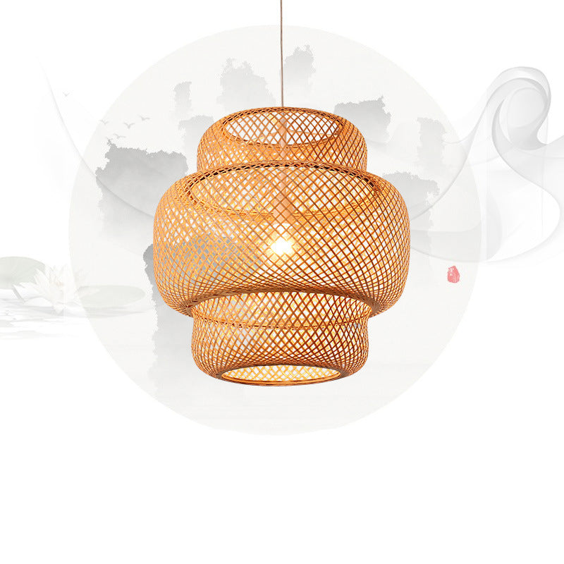 Natural Bamboo Weaving Lantern Hanging Light Asian Style Simplicity 1-Bulb Lighting Fixture in Beige