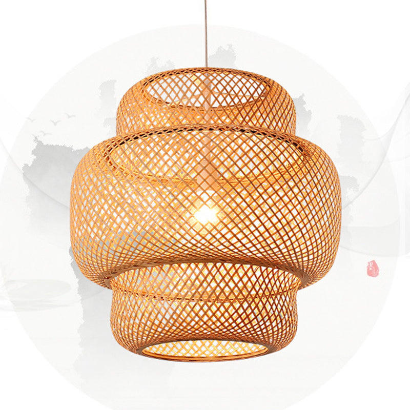 Natural Bamboo Weaving Lantern Hanging Light Asian Style Simplicity 1-Bulb Lighting Fixture in Beige