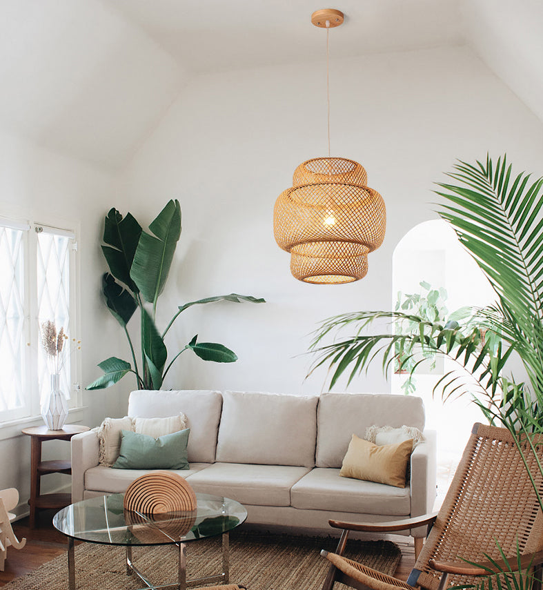 Natural Bamboo Weaving Lantern Hanging Light Asian Style Simplicity 1-Bulb Lighting Fixture in Beige
