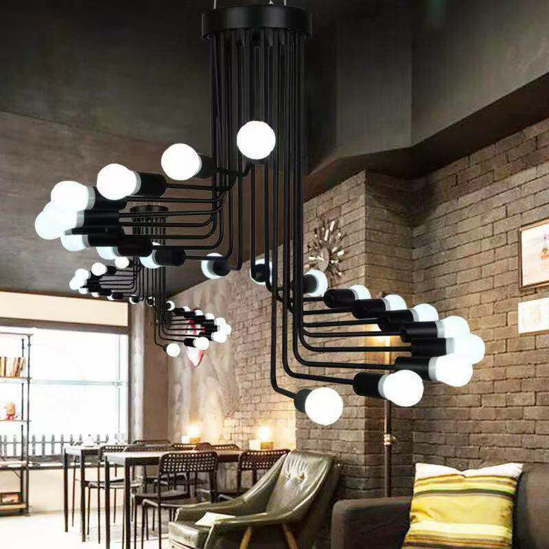 Spirale Stile industriale Lampadario in ferro battuto Light Design Bulb Open Design Retro Hanging in nero