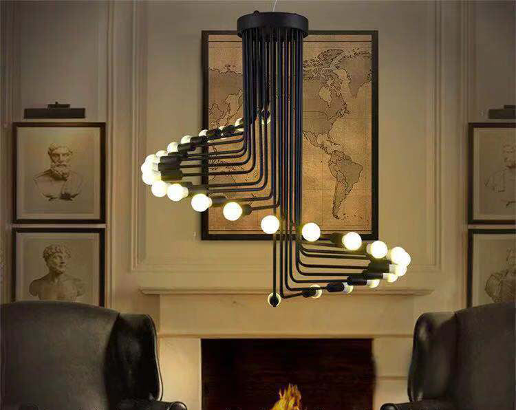 Spirale Stile industriale Lampadario in ferro battuto Light Design Bulb Open Design Retro Hanging in nero