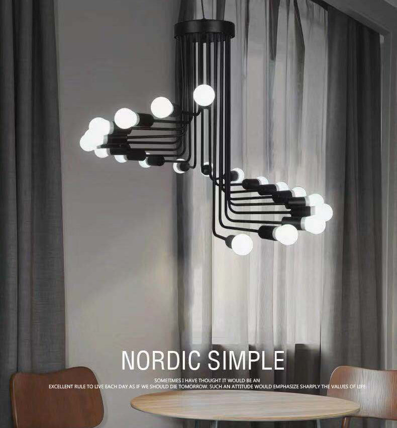 Spirale Stile industriale Lampadario in ferro battuto Light Design Bulb Open Design Retro Hanging in nero