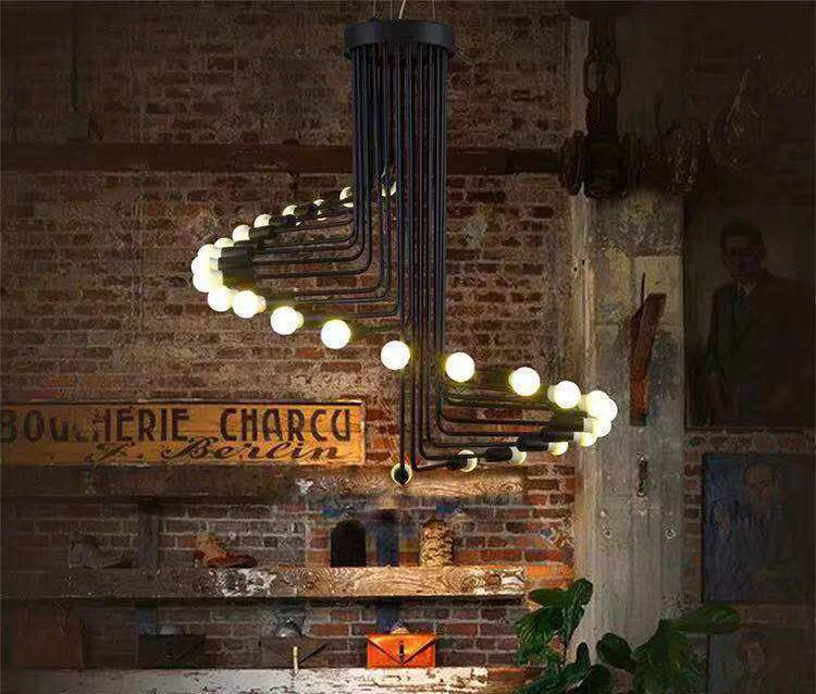 Spirale Stile industriale Lampadario in ferro battuto Light Design Bulb Open Design Retro Hanging in nero