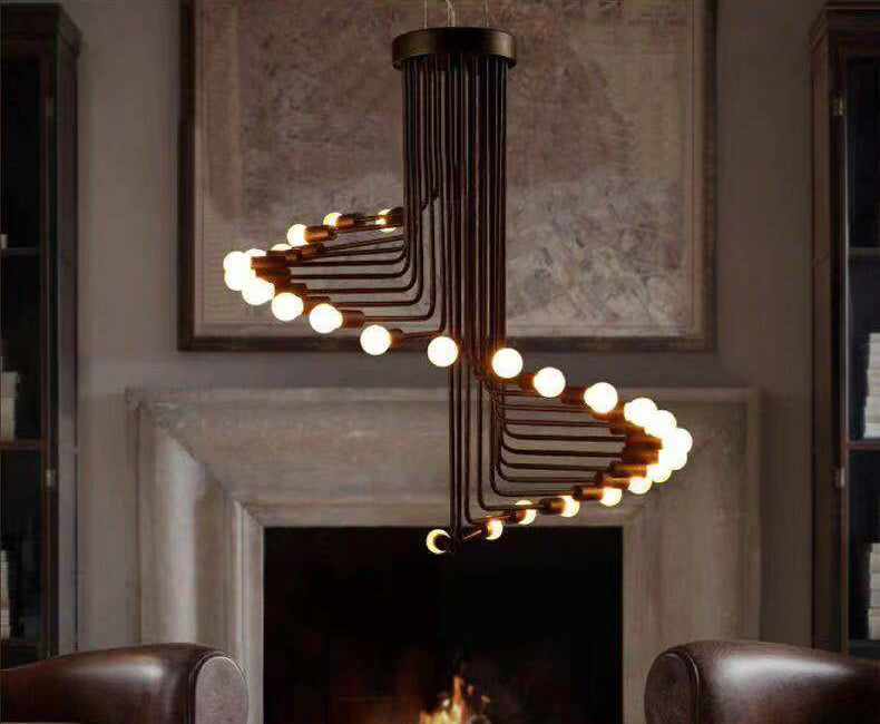 Spirale Stile industriale Lampadario in ferro battuto Light Design Bulb Open Design Retro Hanging in nero