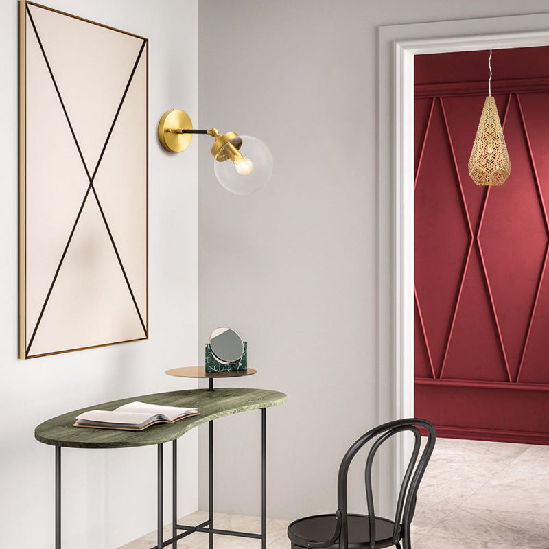 Adjustable Globe Sconce Light Simplicity 1 Bulb Brass Wall Mount Lamp with Transparent Glass Shade