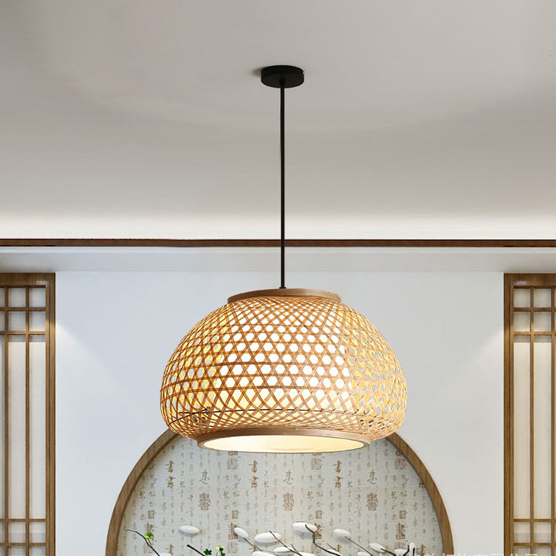 16"/19.5"/23.5" Wide Dome Suspension Pendant Retro Bamboo 1 Bulb Wood Hanging Light Fixture