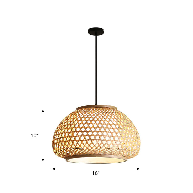 16"/19.5"/23.5" Wide Dome Suspension Pendant Retro Bamboo 1 Bulb Wood Hanging Light Fixture